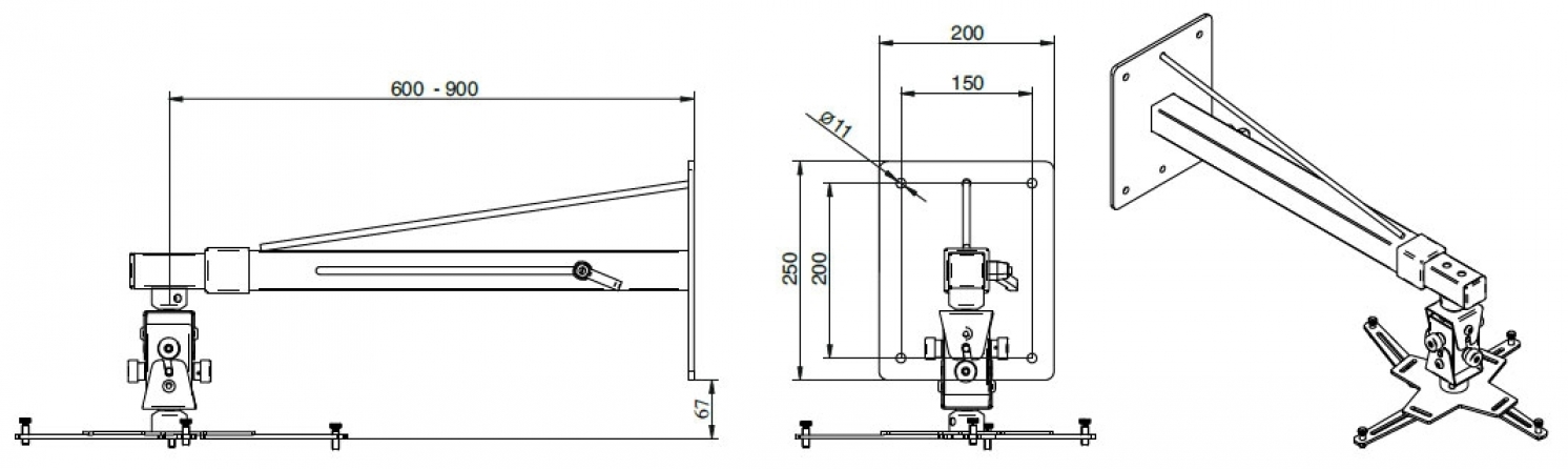 Staffa regolabile 60/90cm per il fissaggio a parete di supporti per videoproiettore a regolazione micrometrica linea "Arakno" (nero) 