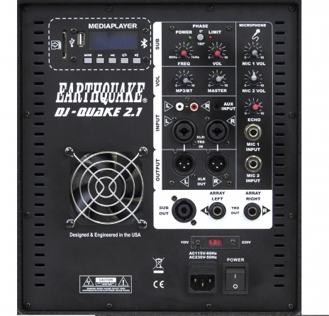 Set professionale composto da subwoofer amplificato da 12" 1200W e coppia di diffusori midrange a 2 vie 100W Earthquake " DJ-QUAKE-2.1-V2", con bluetooth MP3 player (telecomando incluso)