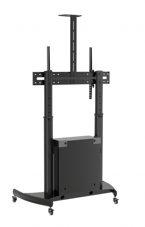Supporto professionale da pavimento con ruote e altezza regolabile per monitor da 60" a 100", con AV rack e mensola per webcam, nero