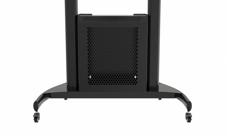 Supporto professionale da pavimento con ruote e altezza regolabile per monitor da 60" a 100", con AV rack e mensola per webcam, nero